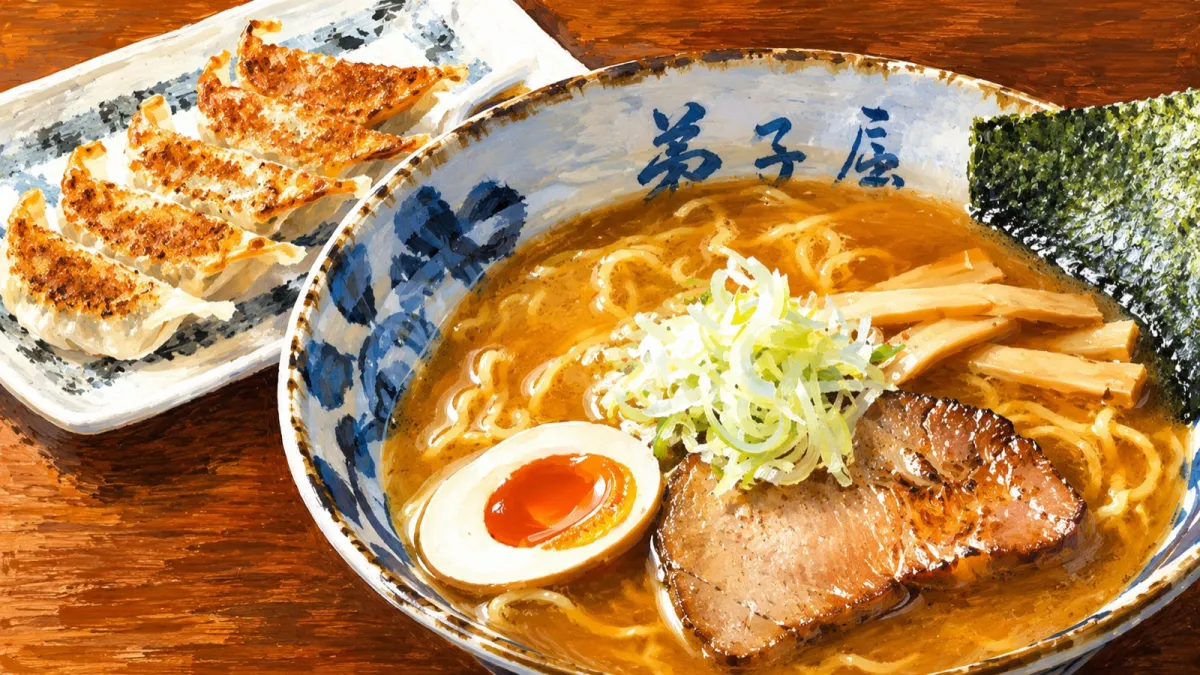 弟子屈ラーメンの味噌ラーメンと餃子（イラスト）